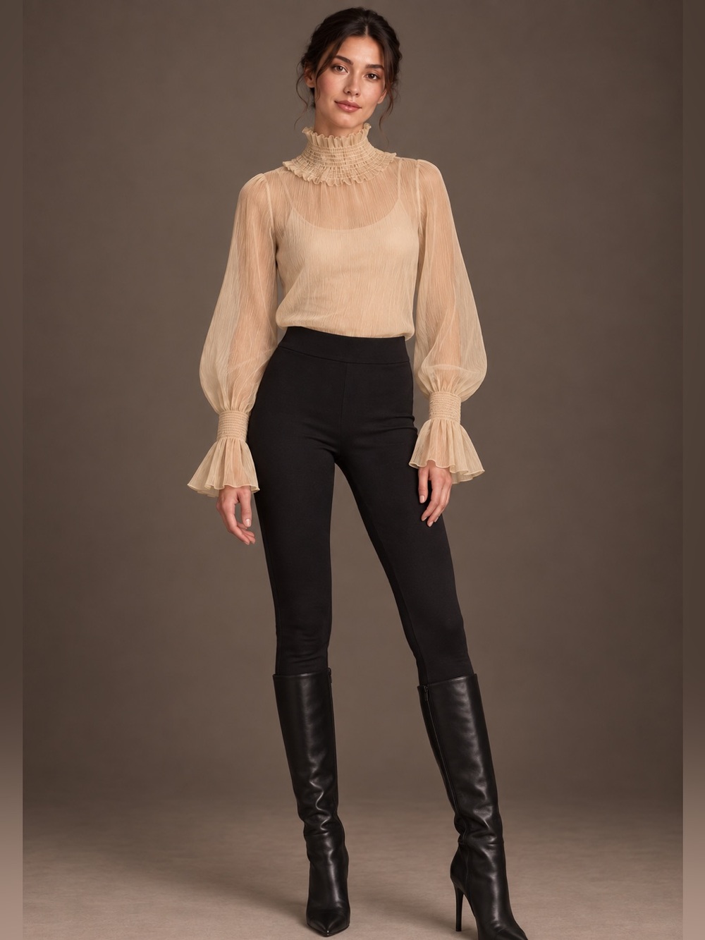Sheer Ruffle-Neck organza material top.